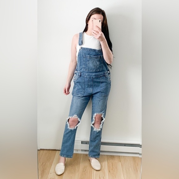Celebrity Pink Blue Stretch Denim Overalls Distressed Large - Picture 4 of 10